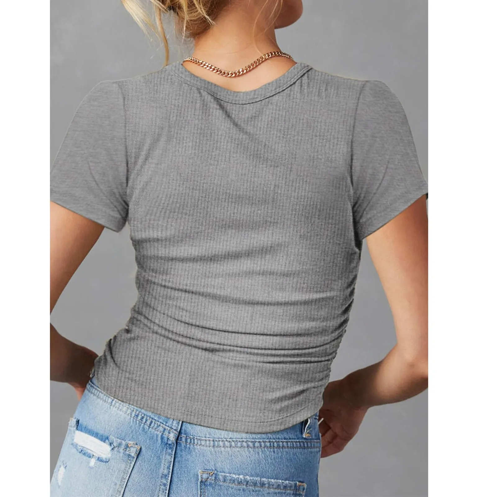 Womens Summer Crop Tops Casual Solid Color Short Sleeve V-Neck Buttons Shirts Tops Fashion Side Shirring Comfy Soft Tops