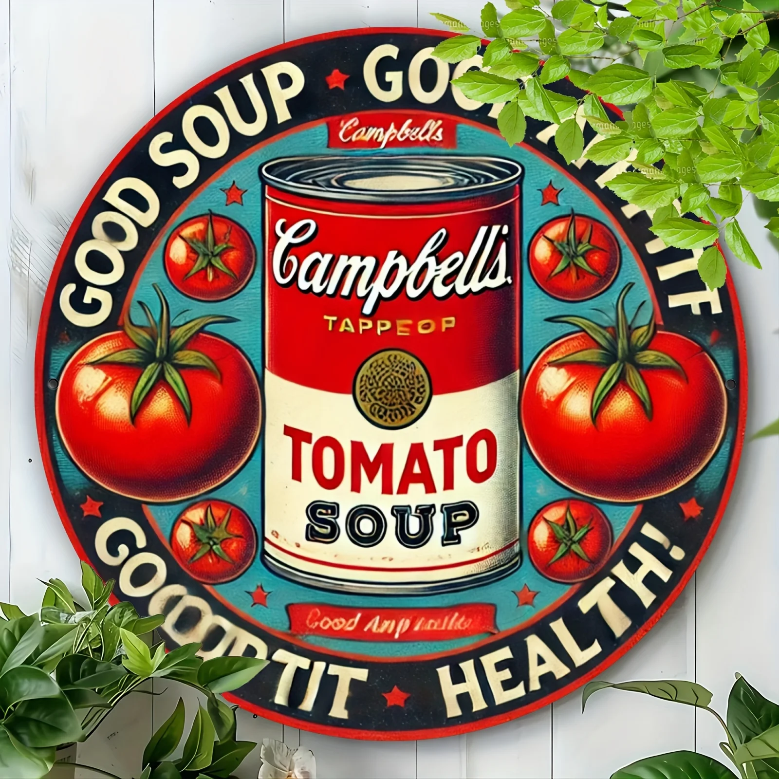 Vintage Campbell's Tomato Soup 20,3 x 20,3 cm rundes Metallschild – langlebige Aluminium-Wandkunst für Heim- und Bürodekoration, perfektes Geschenk für Wohnzimmer