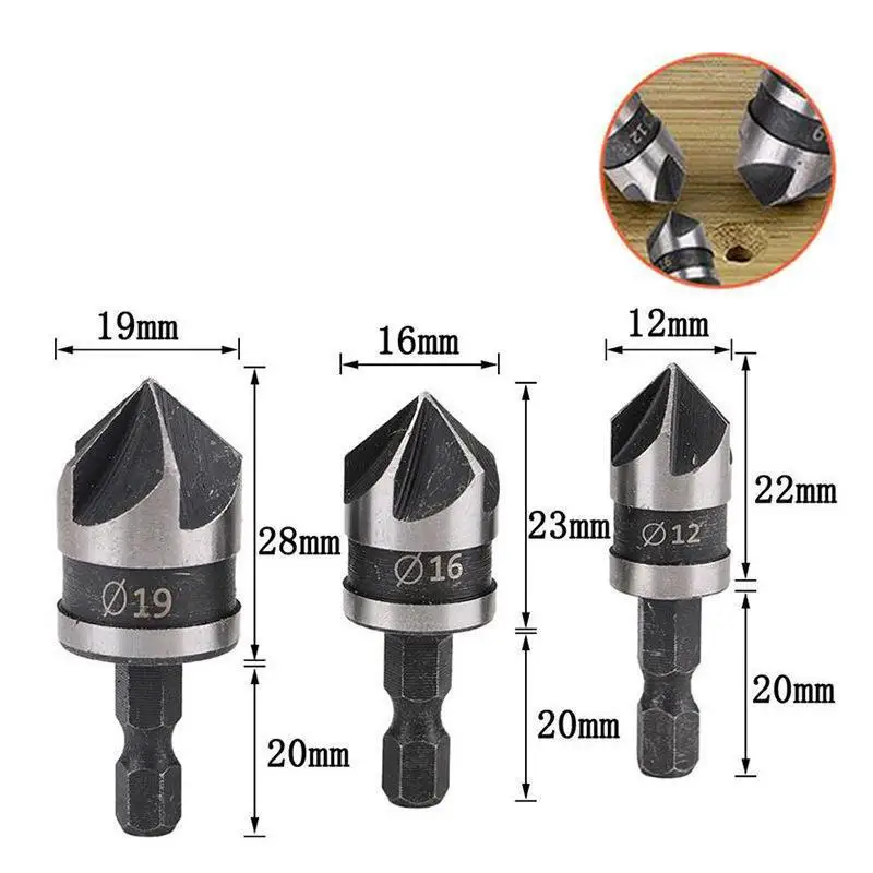 3PCS Countersink Drill Bit Hss Hex Chamfer Five Pears Hexagonal 90 Degrees Boring Drill Shank Carbon Steel Woodworking Tools Set