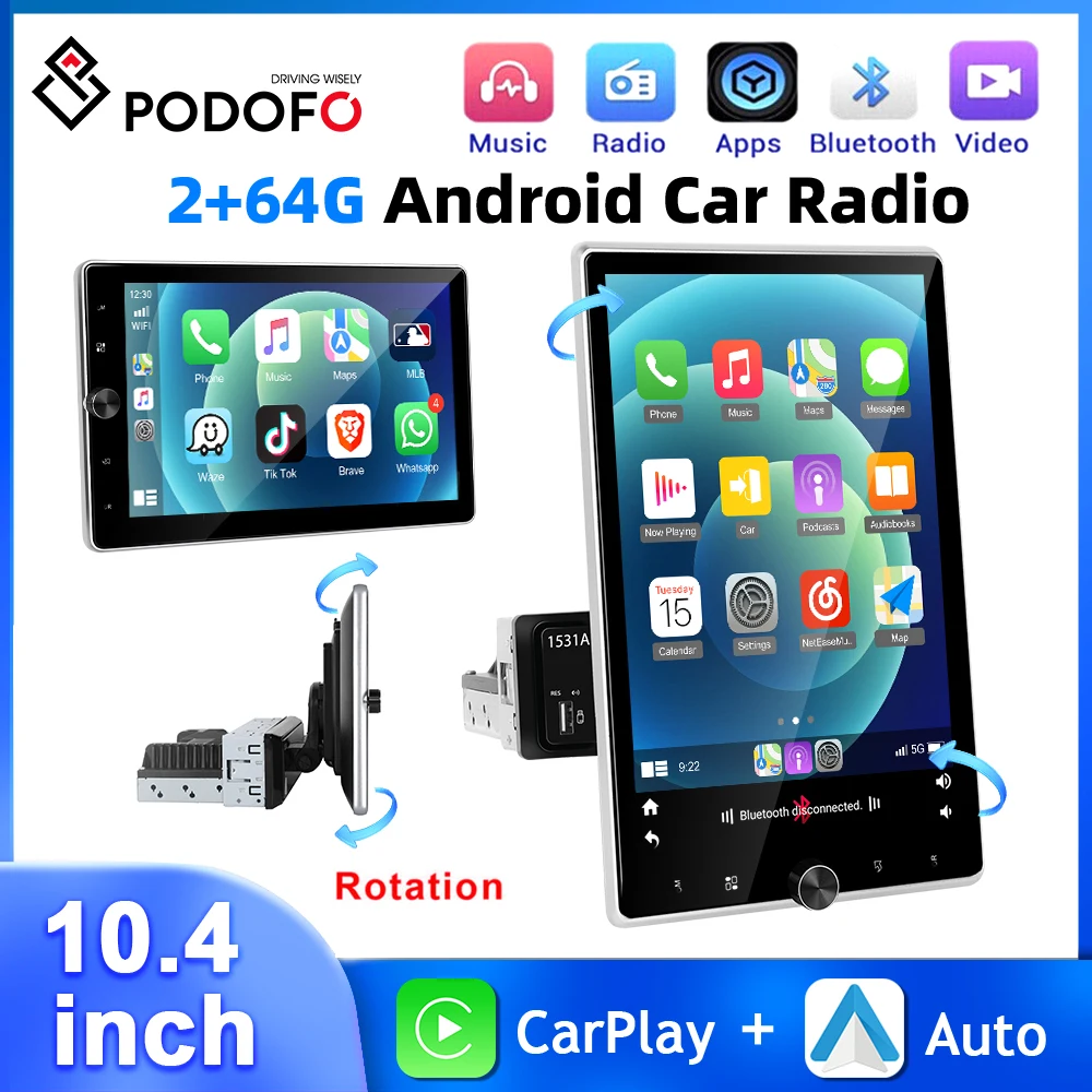 

Podofo 10.4'' 1Din Android Car Stereo 2+64G Multimedia Player Carplay Android Auto Mirror Link GPS Navigation Bluetooth FM Radio