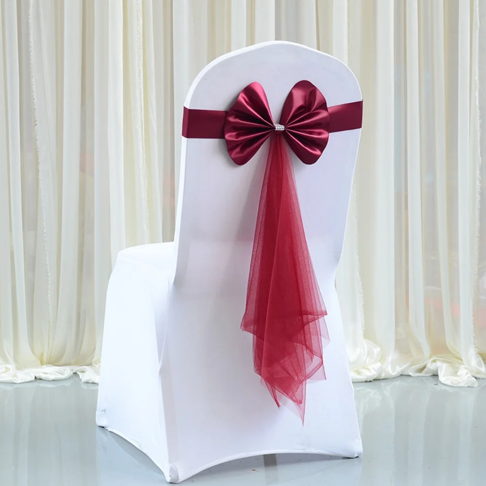Chair Sashes Stretch Bow Knot Elastic Chair Bows With Organza Ribbon For Wedding Banquet Birthday Hotel Party Decoration