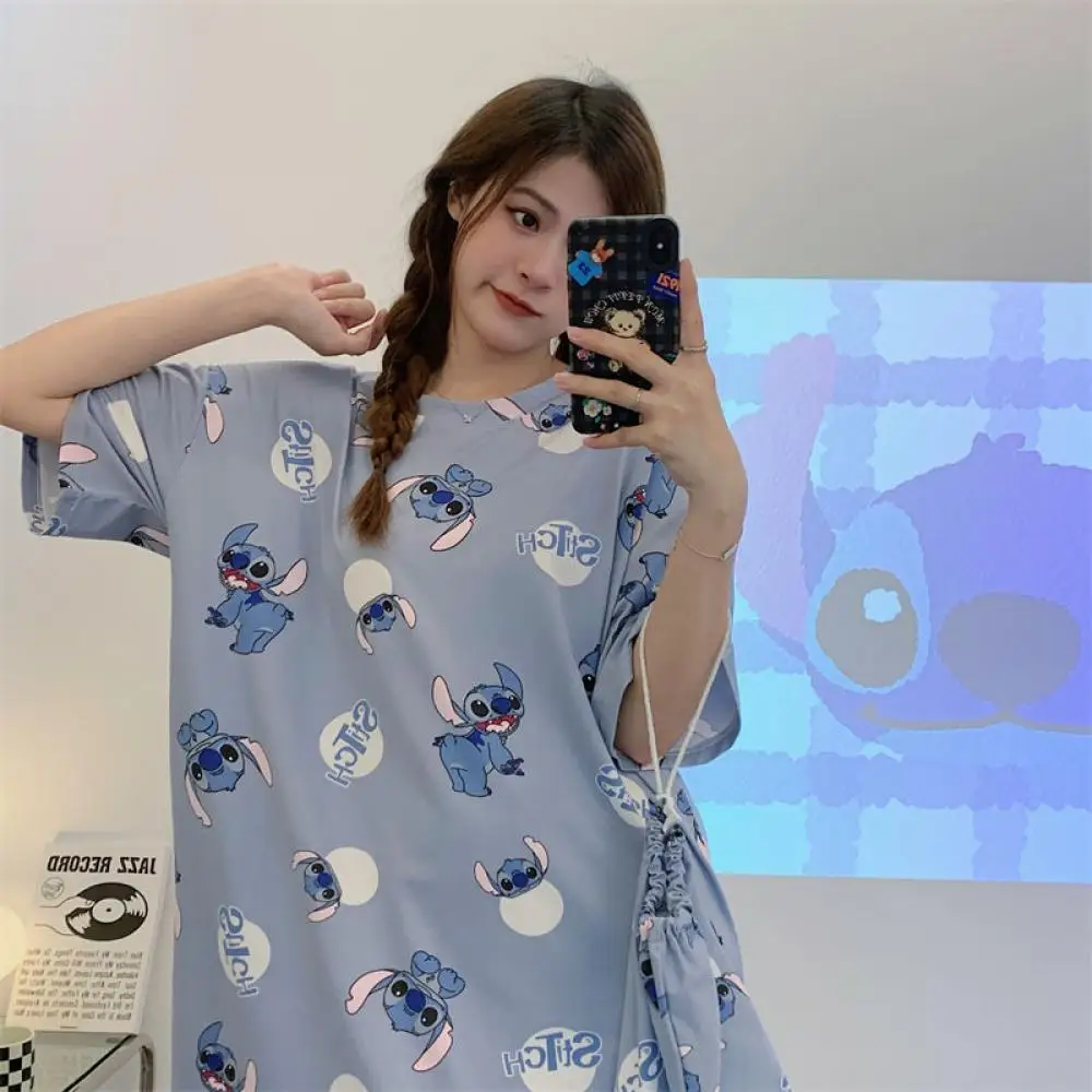 Kawaii Stitch الصيف ثوب النوم للنساء ديزني لطيف قصيرة الأكمام منامة كبيرة الحجم فضفاضة الكرتون الفتيات طالب ليلة تنورة