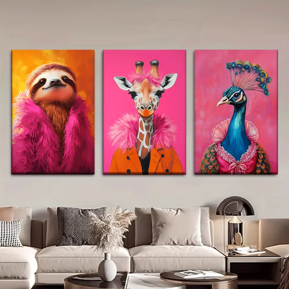 Set of Three Hand-Painted Canvas Posters - Watercolor Sloth, Giraffe, and Peacock Patterns, Suitable for Living Room and Bed
