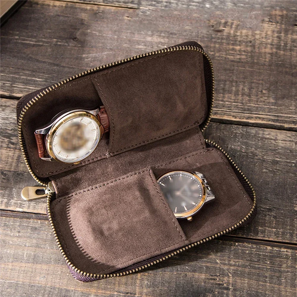 Creative Zipper Couple Watch Bag Vintage Leather Watch Case 2-Slot Watch Storage Bag Carrying Pouch Wristwatch Box Organizer DIY