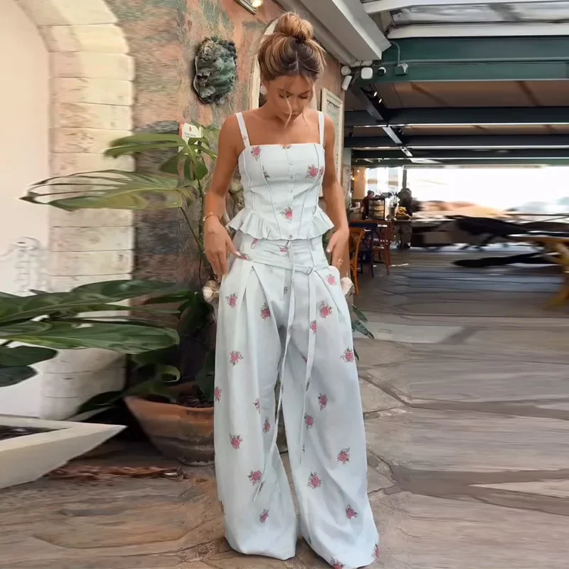 Eleganter bedruckter Damen-Westen-Hosenanzug, ärmelloses Oberteil mit Blumenmuster, plissiert, weit geschnittene Hose, Damen-Set, Sommer-Herbst 2026, Damen-Sets – Detail 2