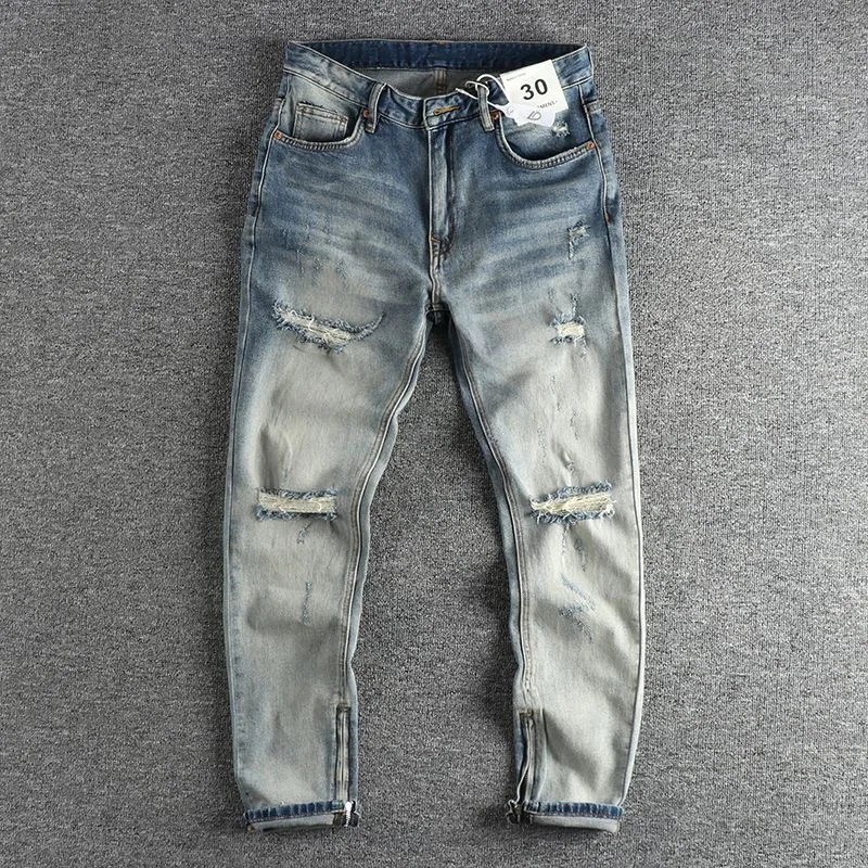

Spring and Autumn New Fashion Solid Color Ripped Straight Vintage Denim Pants Men Loose Comfortable Sports High Quality Pants