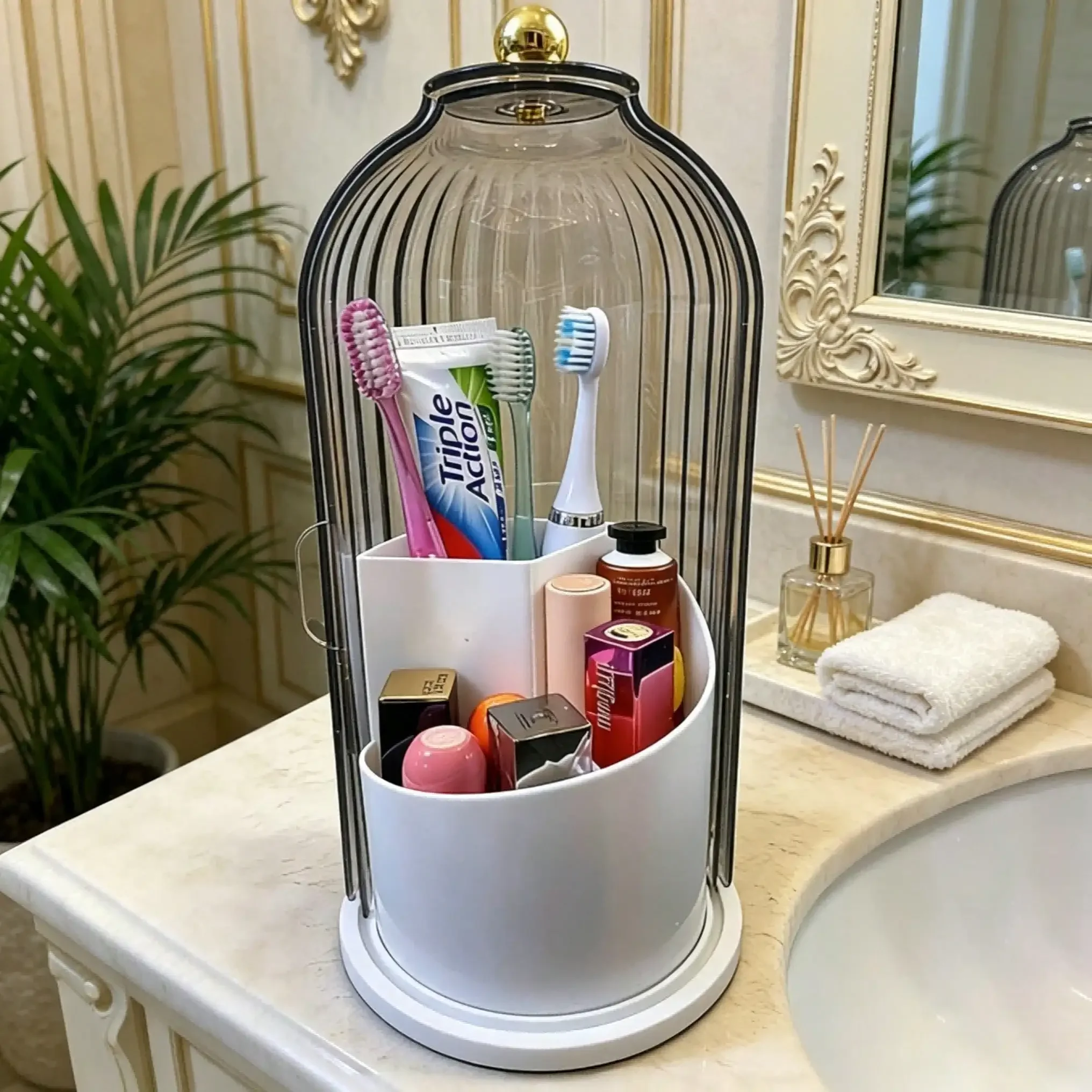 2026 Makeup Brush Holder Organizer With Lid,360 Rotating Make Up Brush Holder With Cover,Dustproof Makup Brush Storage For Vanity Bathroom Countertop,Covered Toothbrush Holder,Dressing Table Essentials,Cosmetic Countertop Caddies,Shower & Sink Storage,Non