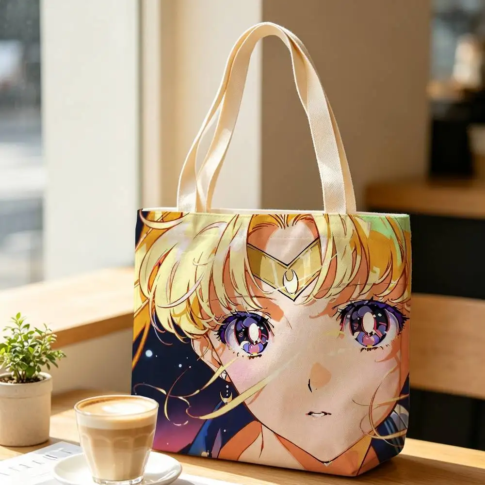 Anime S-Sailor Moon Tsukino Usagi Large Capacity Cotton Polyester Shoulder Tote Bag Zipper Handbag for Shopping Daily 6