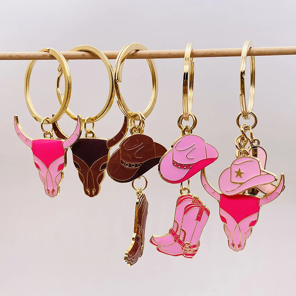 New Western Cowboy Style Keychain Pink Cowgirls Cowhead Hat Boots Pendant Keychains for Women Bag Men Car