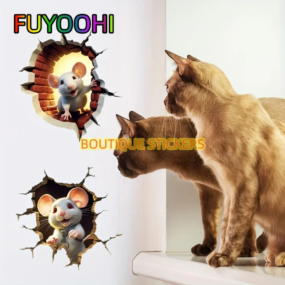 FUYOOHI 3D Broken Wall Mouse Hole Car Stickers for Auto Window Bumper Funny Home Decoration Waterproof Wall Universal Decals