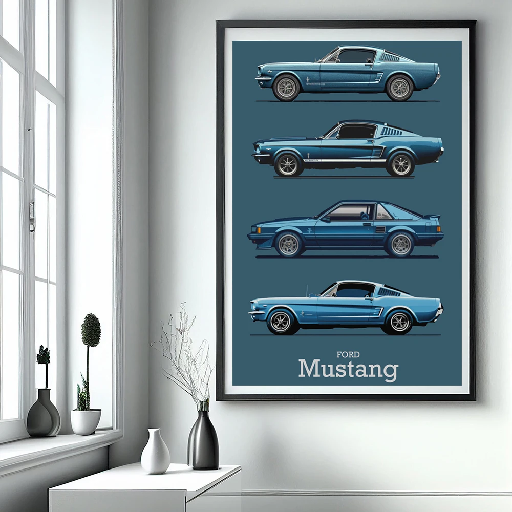 Classic Mustang Sports Car Evolution Poster Vintage Muscle Racing Canvas Painting Supercar Comic Wall Art Print Room Decor Gift