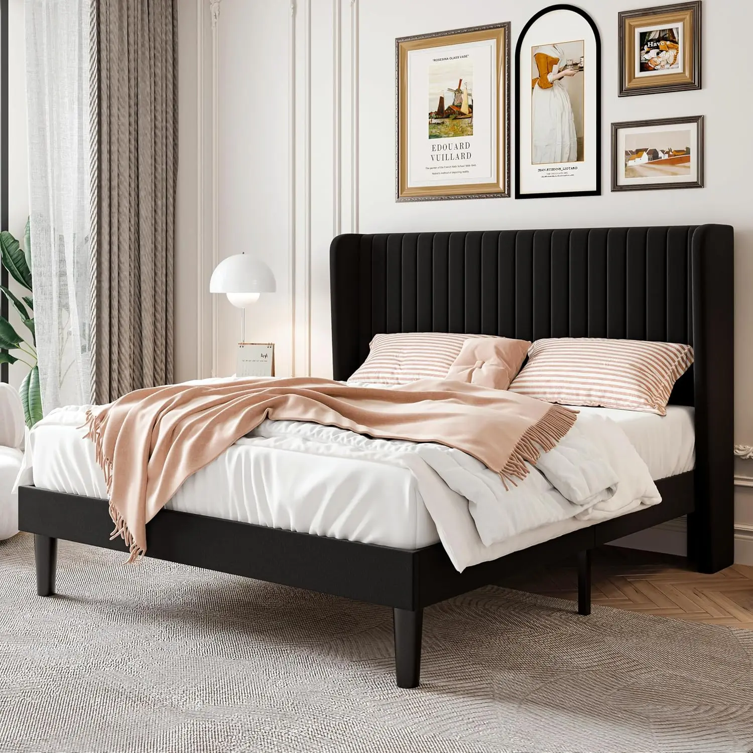 Velvet Platform Bed Queen Tufted Wingback Headboard 47'' Vertical Channel Wood Slats No Box Spring Easy Assembly, Customized