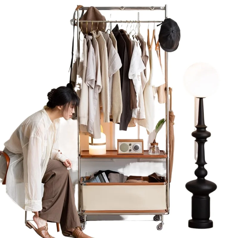 

Solid wood coat rack Floor-to-ceiling mobile hanger Bedroom Small stainless steel hanger shelf Shelf