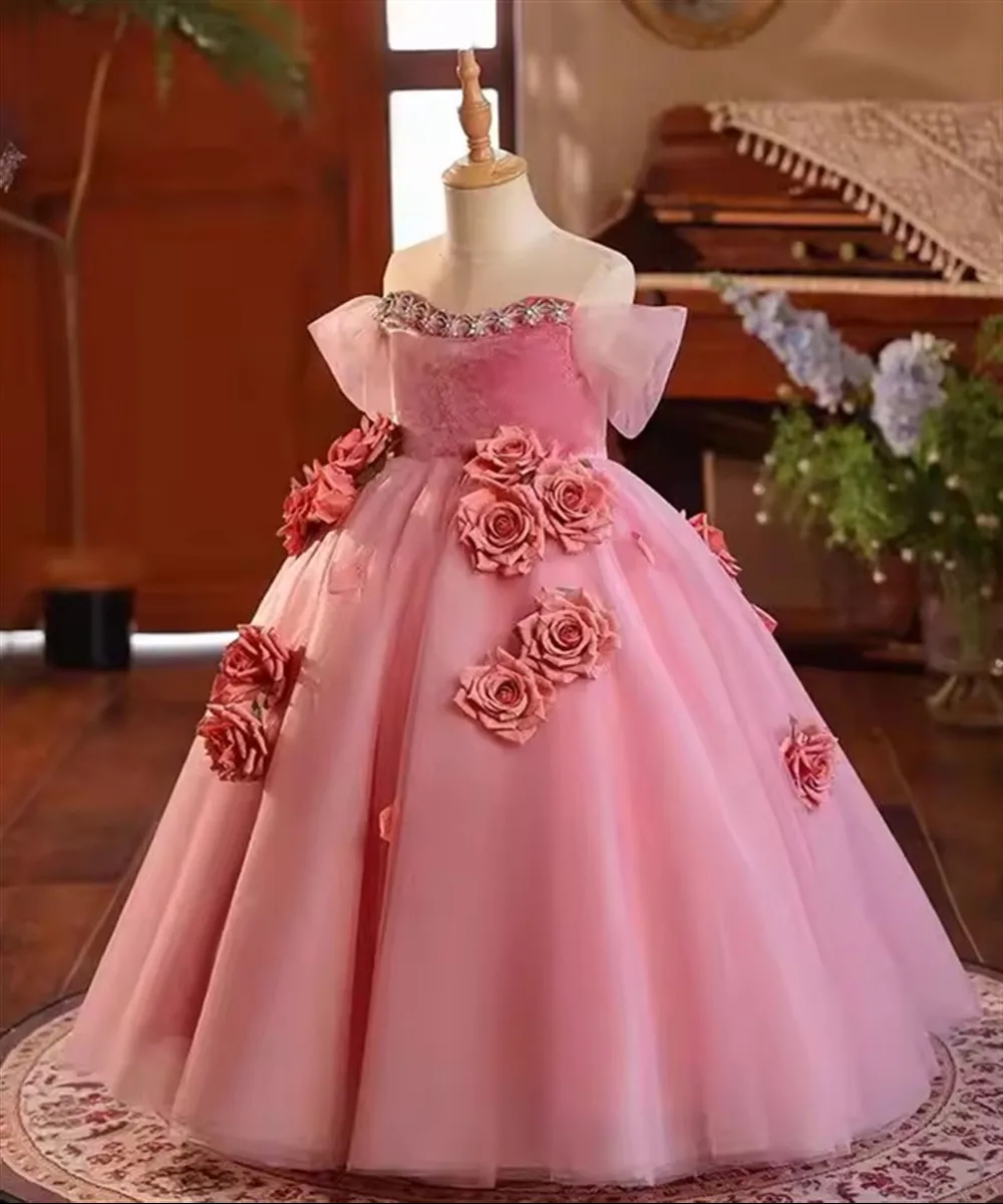 

Luxury Pink Girl Dress Handmade Flowers Arabic for Princess Kids Birthday Wedding Party Pageant Holiday Gown