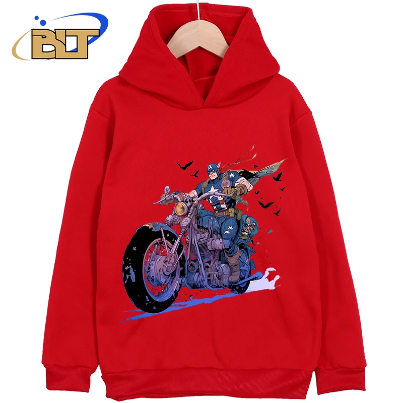 Captain America riding a motorcycle print kids hoodie casual sports sweater cartoon tops for boys and girls