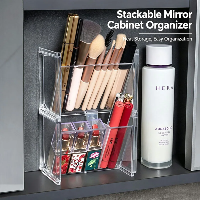 Detachable Clear Cosmetic Storage Box Stackable Makeup Brush Lipstick Holder Adjustable Partition Desktop Mirror Cabinet Storage
