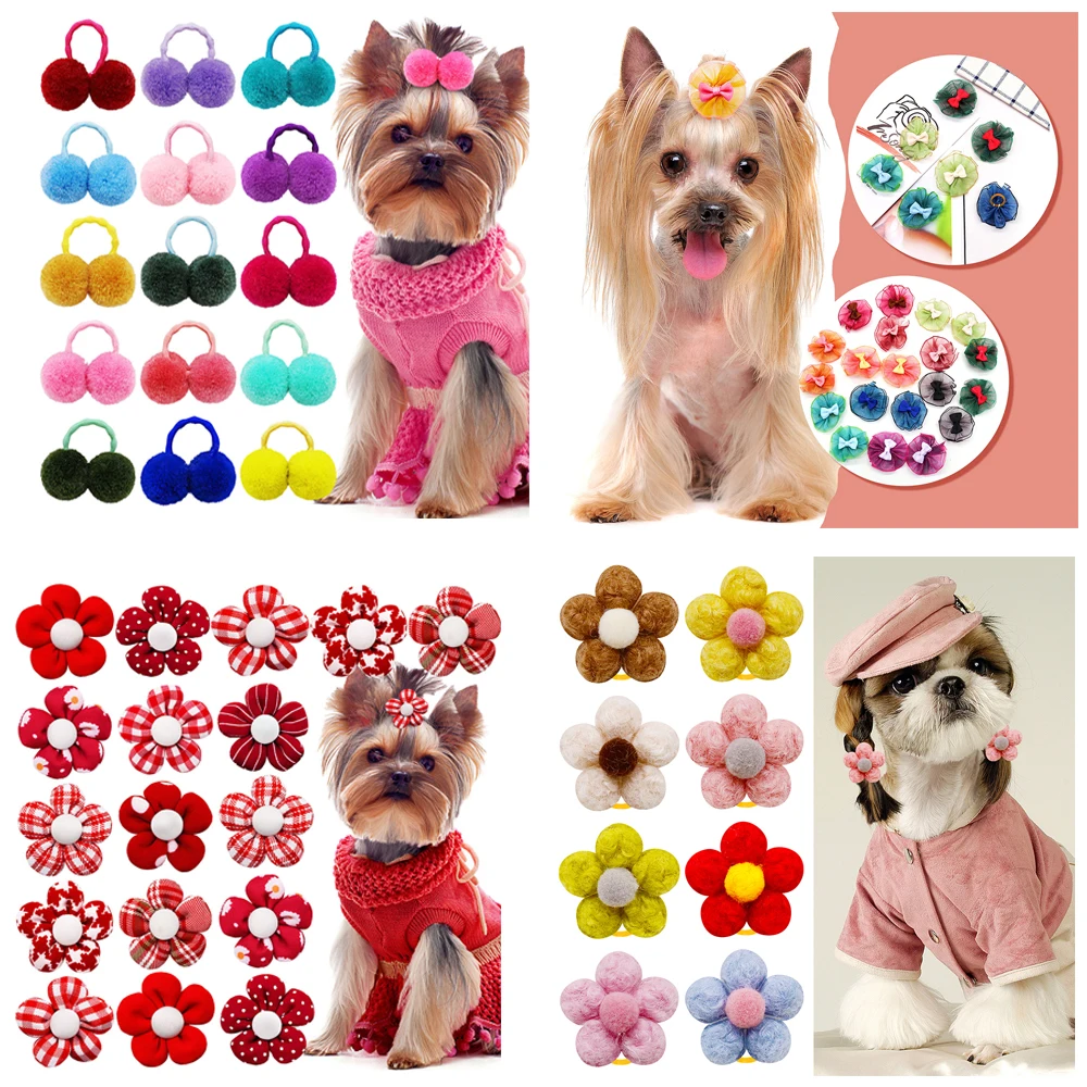 50PCS Bulk Ball Bows Small Dog Cat Hair Bows Rubber Bands Pet Dog Grooming Bows Dog Hair Accessories For Small Dogs Cats