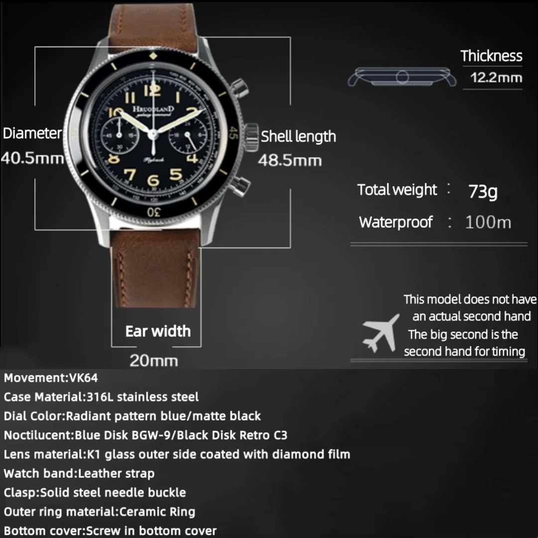 Hruodland 2025 신사용 쿼츠 시계 VK64 40mm F019 C3 축광 방수 100m 가죽 스트랩 스테인레스 스틸 Reloj Hombre