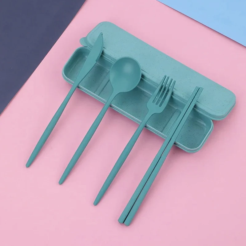 1Set  Wheat Straw Dinnerware Set Portable Tableware Knife Fork Spoon Eco-Friendly Travel Cutlery Set Utensil Box Chopsticks Set