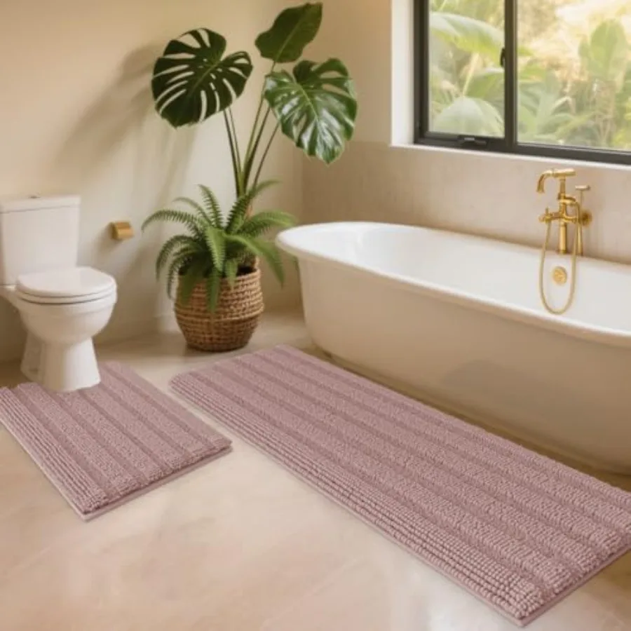 

Набор из 2-х ковриков для ванной комнаты в полоску, пыльно-розового цвета, ультрамягкие, нескользящие, из шенилла, впитывающие, плюшевые, с длинным ворсом.