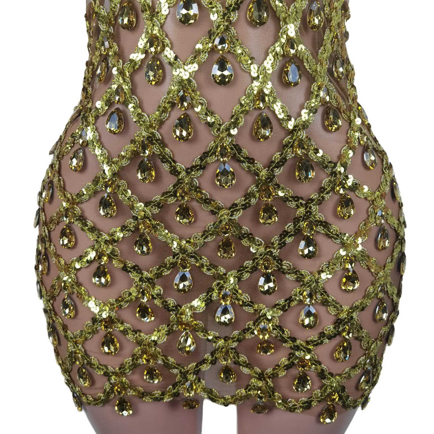 Sparkle Rhinestones Sequin Short Dress Mesh Sexy Backless Dresses Singer Stage Party Birthday Drag Queen Costume Shaokaojia