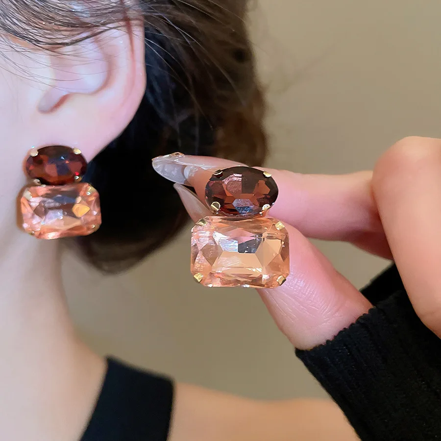 Neue Vintage Blaue Kaffee Quadratische Ovale Strass-Ohrstecker für Damen, Glänzende Kubische Geometrische Ohrstecker für Alltag und Festlichkeiten, Bijoux – Detail 6