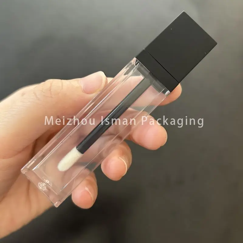 

50Pcs empty luxury clear square black top lipgloss bottle packaging cosmetic container wand tubes with brush 7ml