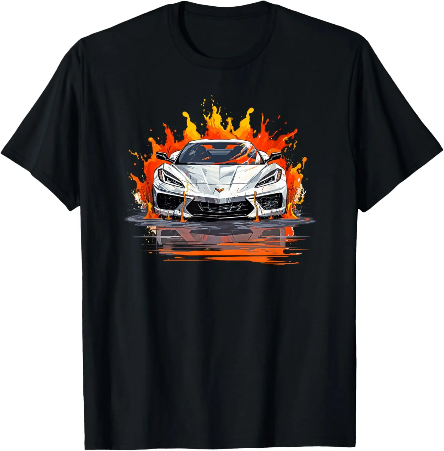 Arctic White C8 Racecar with Flaming Background T-Shirt