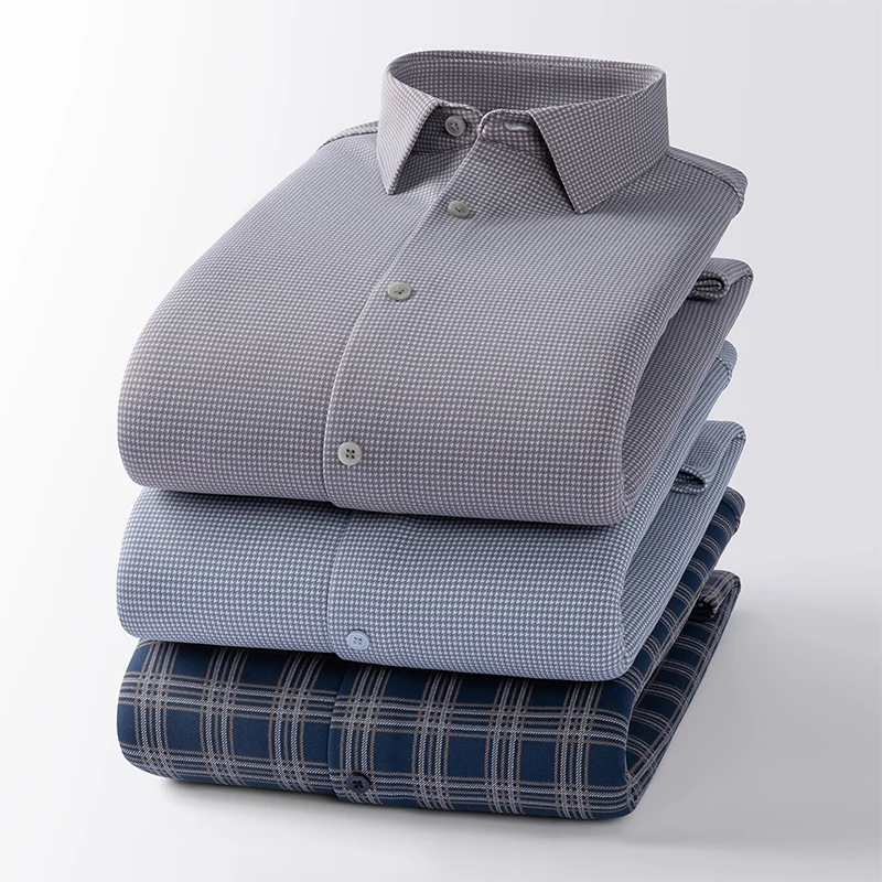 Hight quality Nylon elastic Anti-wrinkle Thick Warm long sleeve shirts for men slim fit formal shirt soft office striped clothes