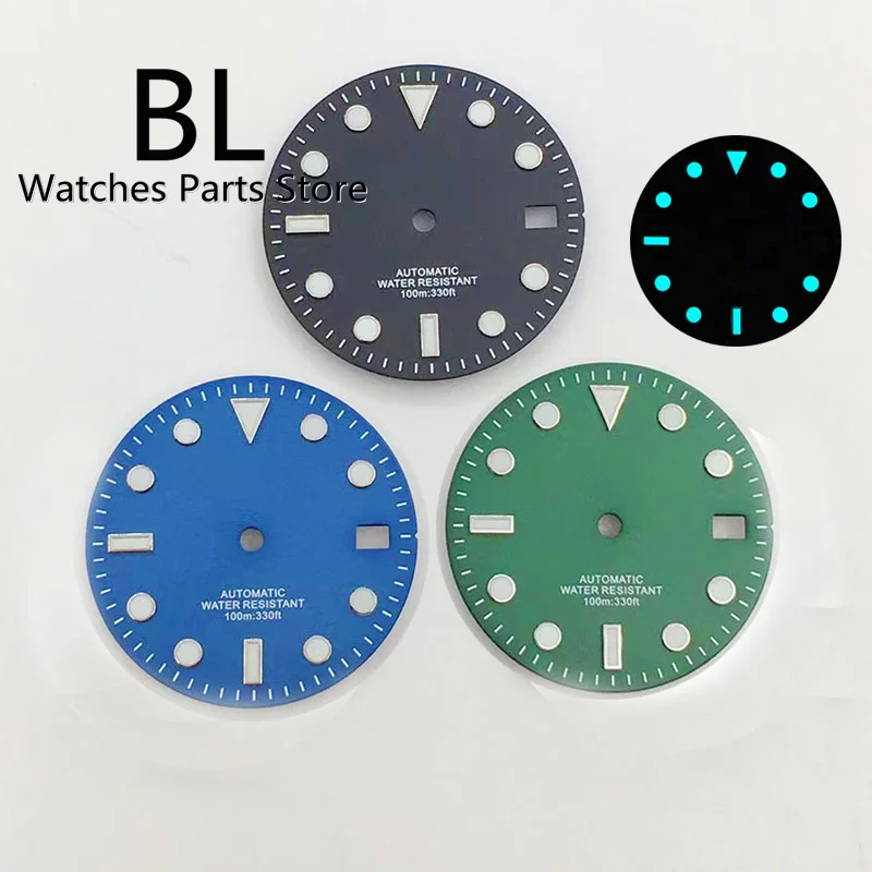 BLIGER 29mm Watch Dial Hand Set Black Blue Green Fit NH35 3135 Movement Blue Luminous Watch Part Accessories 3 O\'clock Crown