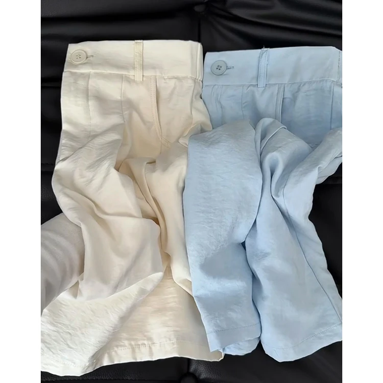 Pantalon décontracté en soie glacée bleue pour femmes, pantalon de costume fin à Texture plissée, taille haute, jambe droite, coupe ample, nouvelle collection été
