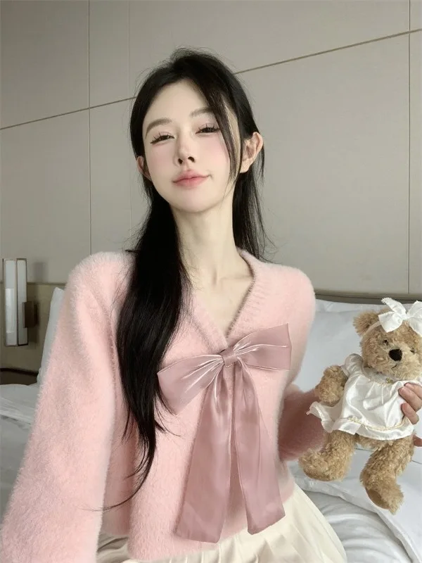 

Sweet ort V-ne свитер из искусственной норки с узлом, женский осенне-зимний свободный открытый кардиган, верхняя одежда, розовый топ