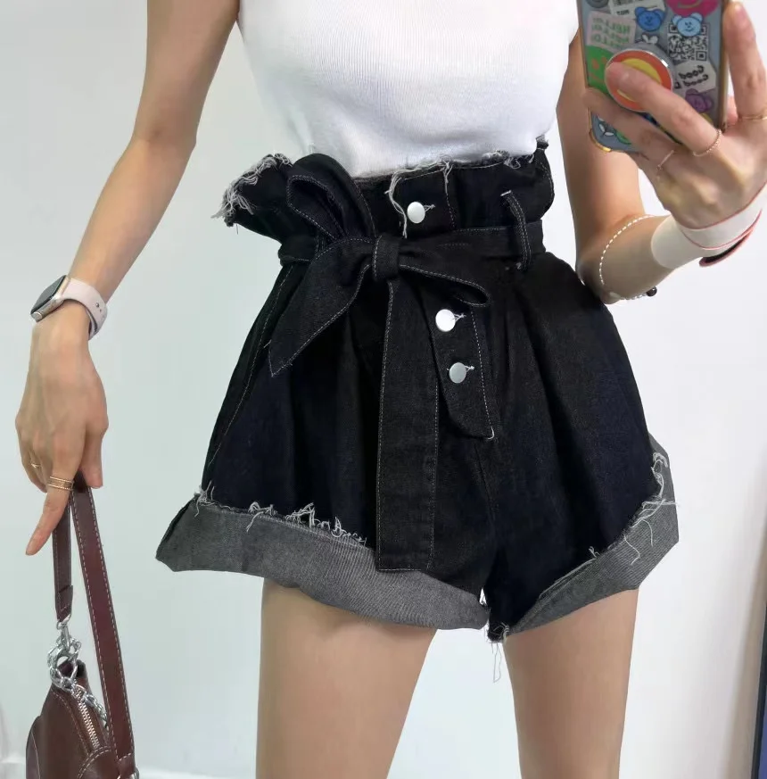 

Retro Belted Slimming Design Single Button Loose Wide Leg ort Jeans Women's Flud High Waist Jeans Summer Denim orts