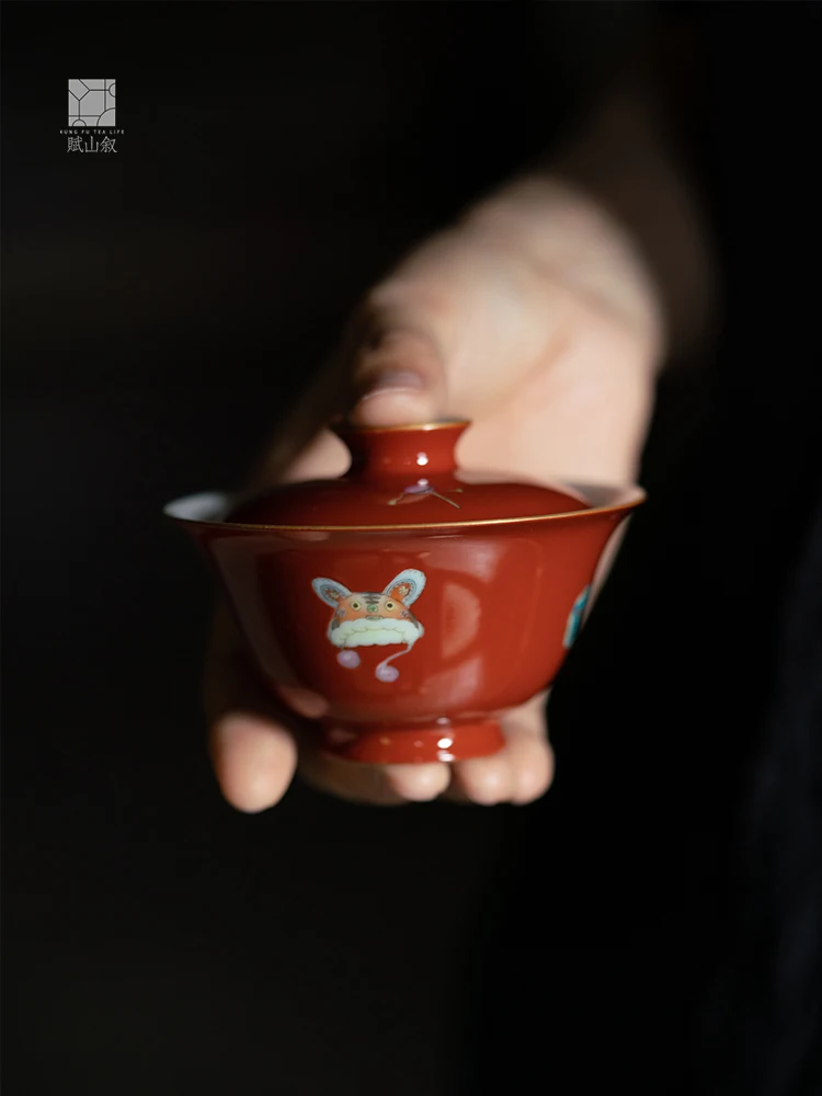 

Fushanxu Handmade Ceramic Tea Bowl Fun Red Cover Cup Rock Tea Brewing Bowl Non-Scalding Jingdezhen Porcelain Tea Set