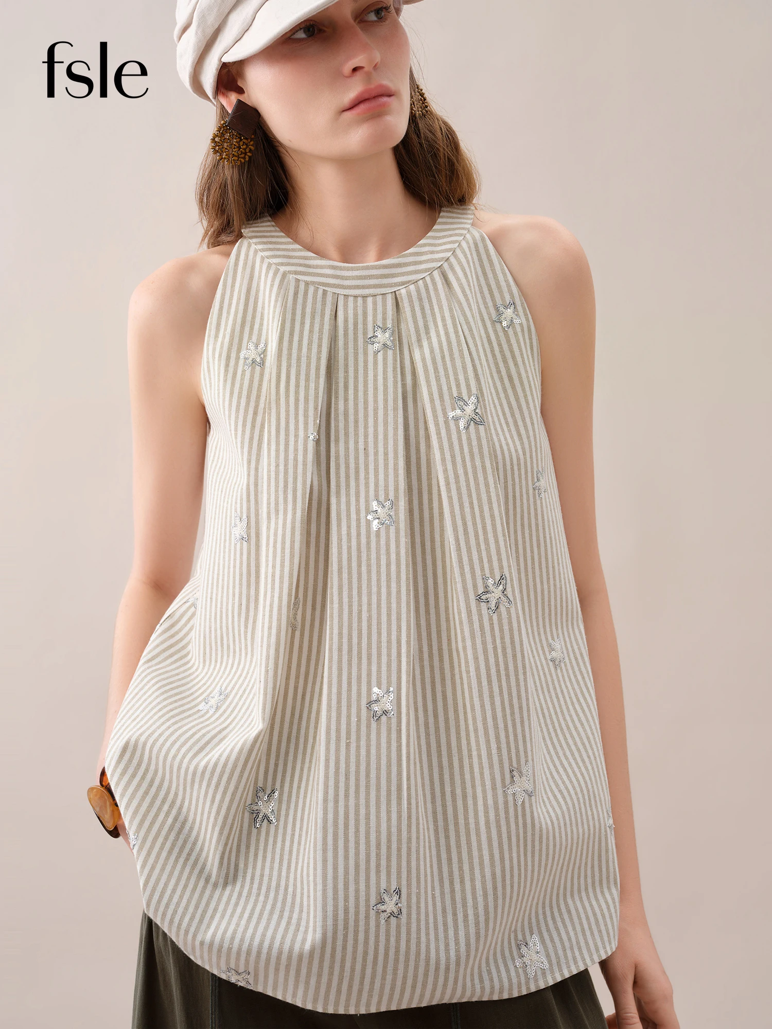 

FSLE【Премиум-серия】Летняя женская блузка без рукавов в полоску с вышивкой 2026 года - Коллекция «Элегантность для отпуска» для курортов