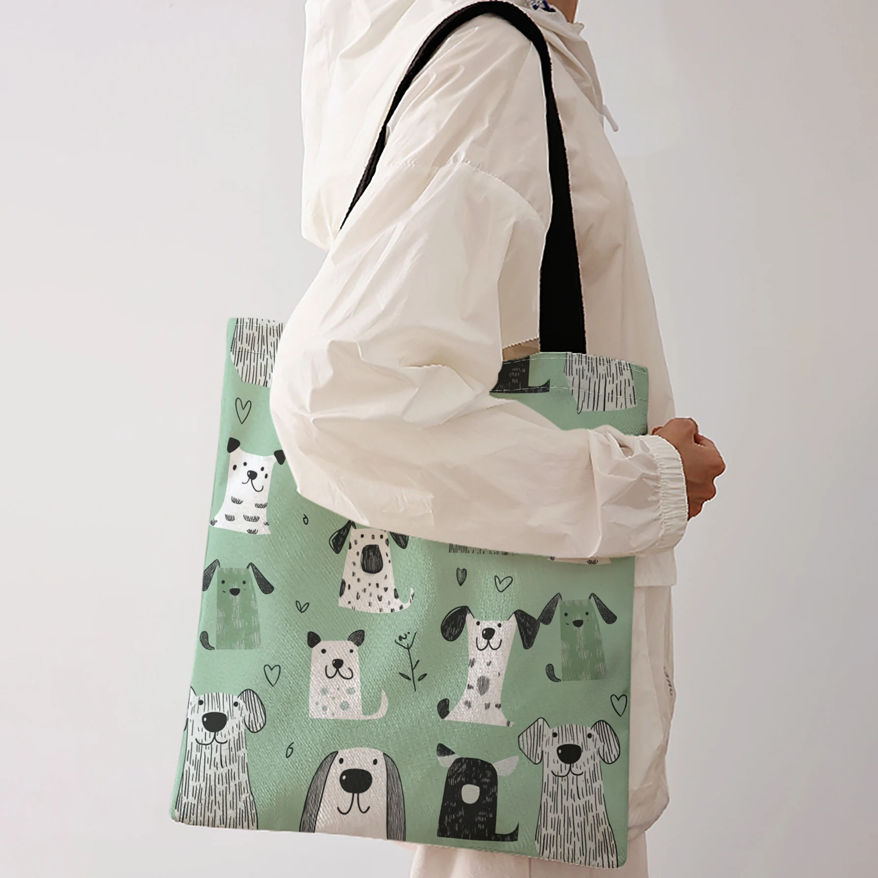 Cartoon Doodle Dogs And Hearts Repeat Print Tote Bag Large Capacity Shoulder Bag For Shopping Travel Daily Use