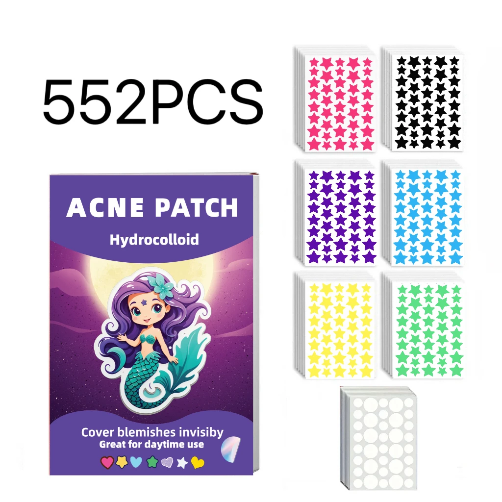 552Pcs Mermaid Purple Box Hydrocolloid Acne Patch Multicolor Star & Round Invisible Waterproof Pimple Spot Cover Blemish Skin Ca