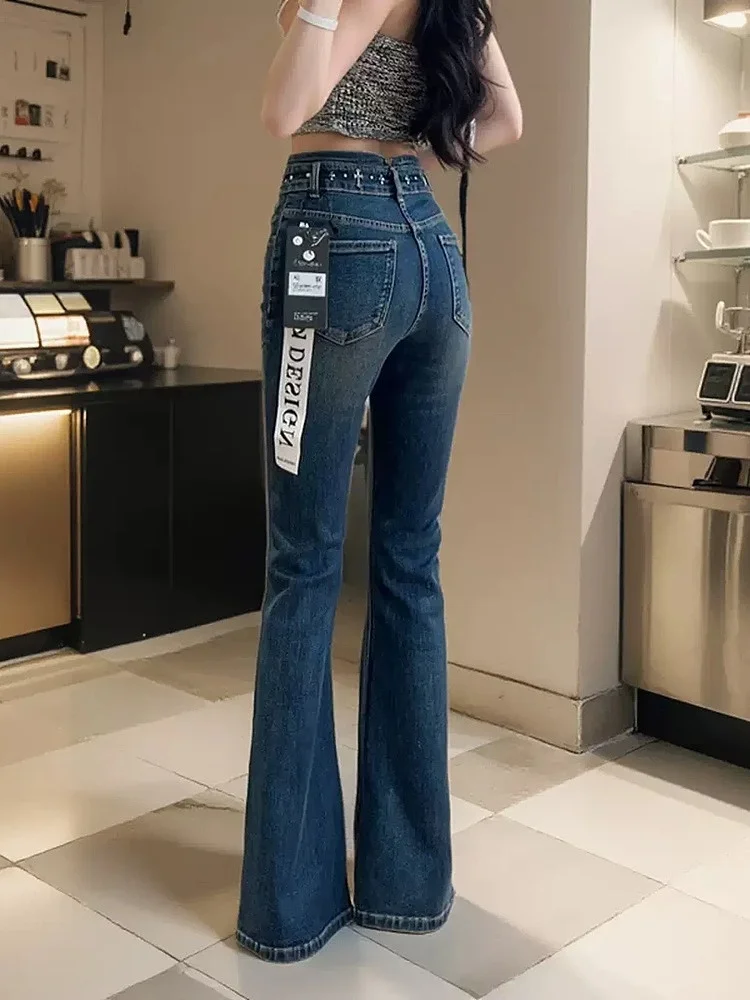 Ele Hohe Taille Denim Jeans Frühling Neue Sle Strass Abnehmen Ausgestelltes Hosen Tiefe Farbe Elastische Lange Hosen für Frauen