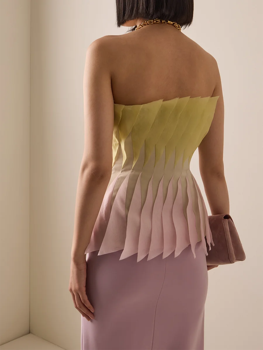 TWOTWINSTYLE Colorblock Spliced Pleat Slimming Top for Women Strapless Sleeveless Patchwork Zipper Gradient Vest Female Fashion