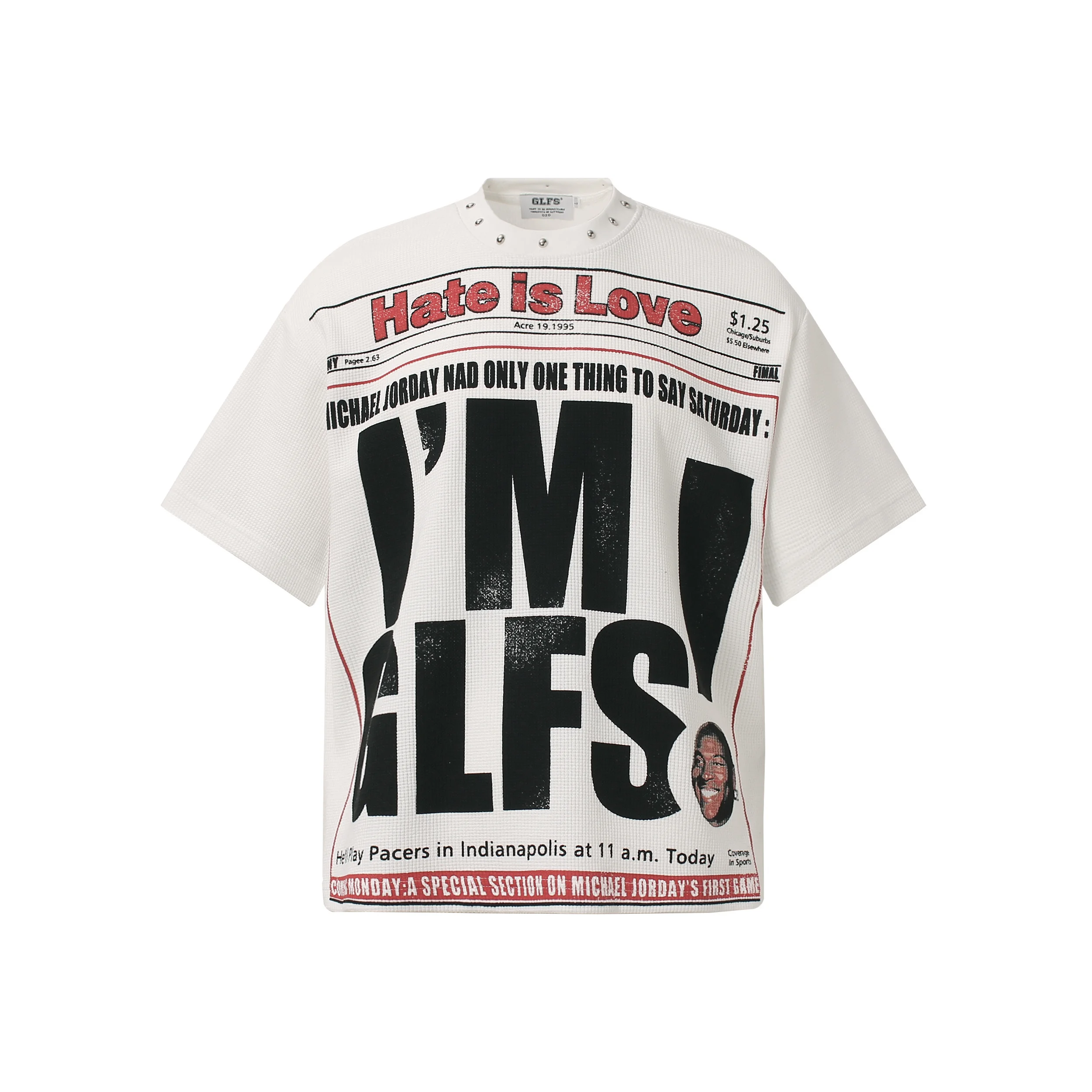 Classical American trend newspaper layout with printed headshots and printed short-sleeved shirts