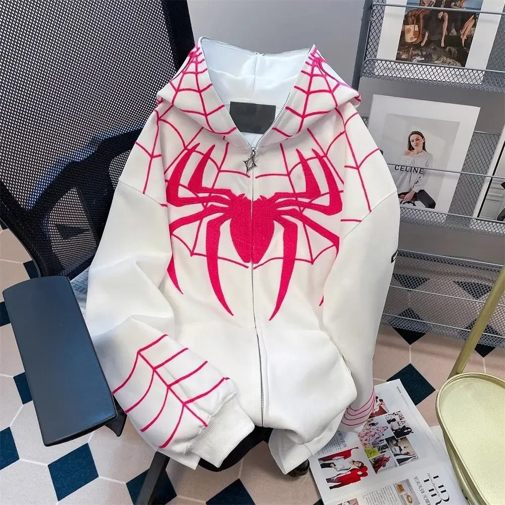 Men Spider Embroidered Hoodies Men Women Hip Hop Zip Up Hoodie Jacket Autumn Harajuku Casual Loose Hooded Sweatshirt