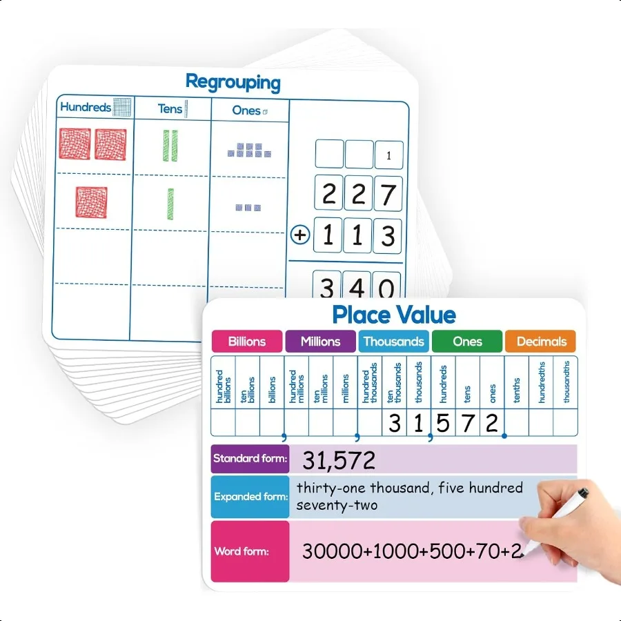 

12 Pack Place Value Dry Erase Board Card12" x 9"Regrouping Base Ten Small Whiteboard Math Manipulatives Addition Subtraction Ga