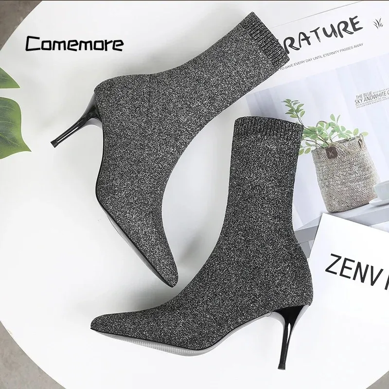 Comemore Fashion Shoes 2024 Knitting Stretch Boots Spring Autumn Ankle Boot Female Stiletto Sexy Sock Boots High Heels for Women