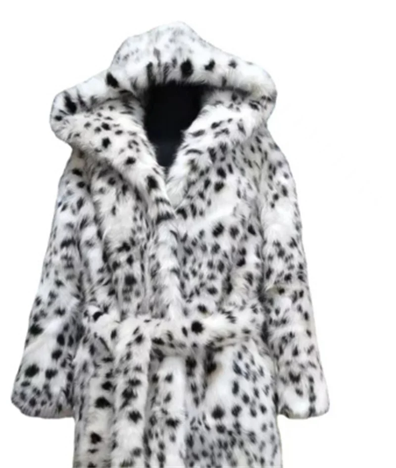 2 Color Winter Warm Loose Plush Windbreaker With Hat Women Faux Fox Fur Black White Dot Leopard Coat Ladies Thick Long Overcoat