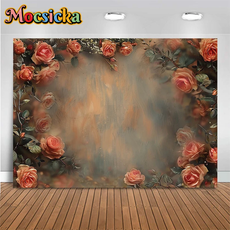핑크 장미 사진 배경, 회색 벽 꽃 배경 장식, 생일 파티 배경, 어린이 스튜디오 사진 부스 소품