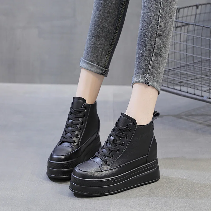 Fujin 9cm Genuine Leather Women Casual Shoes Chunky Sneakers Za Platform Wedge Hidden Heel Height High Top Women Vulcanized Shoe