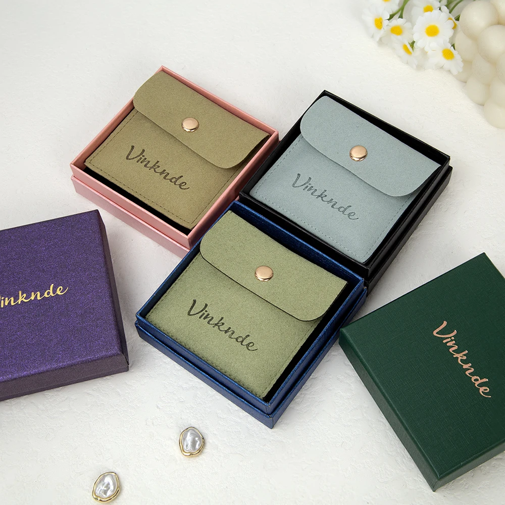 24/50/100Set Personalized Logo 9x9x3cm Jewelry Paper Box With 8x8cm Microfiber Snap Bag Jewellery Earrings Rings Brooch Boxes