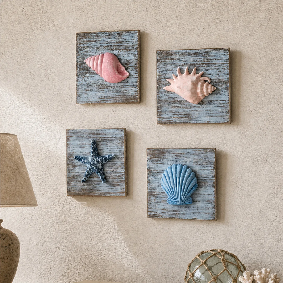 4Pcs/set 15x15cm Retro Mediterranean Wooden 3D Conch Shell Decorative Painting Wall Hanging, for Rural Homestay Home Wall Decor