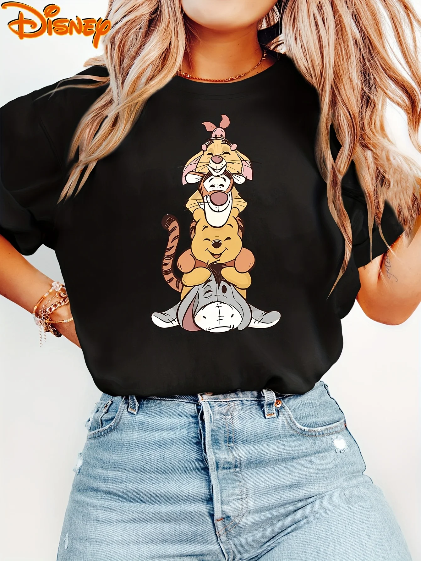 

2025 Disney Pattern Printed Women's Casual Comfortable Unique Smiling Face Black Round Neck Short Sleeve T-shirt