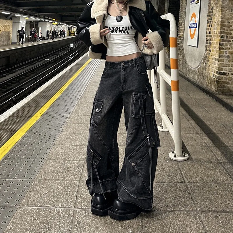 

Women Black Gothic Baggy Cargo Jeans Harajuku Oversize Denim Trousers Y2k 90s Vintage 2000s Emo Jean Pants Trashy Clothes